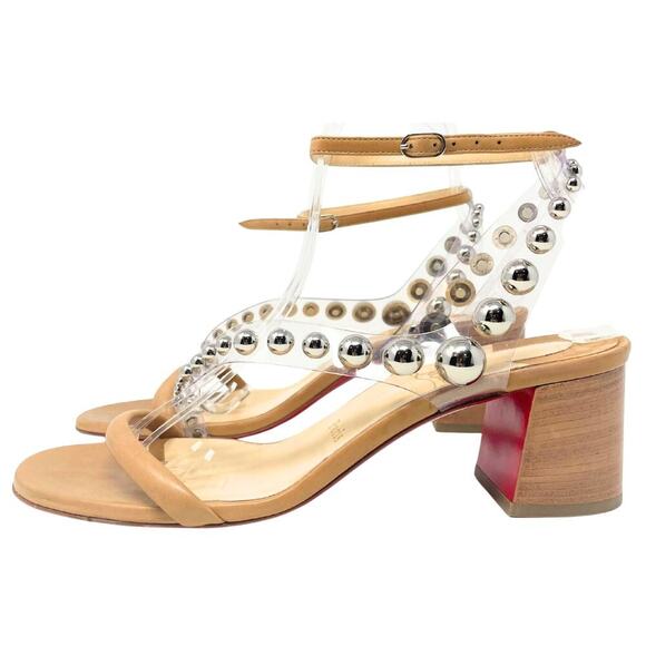 NEW Christian Louboutin Shoes Heels Sandals Corinne 55 Beige Stud Nude 39.5 - Picture 3 of 9